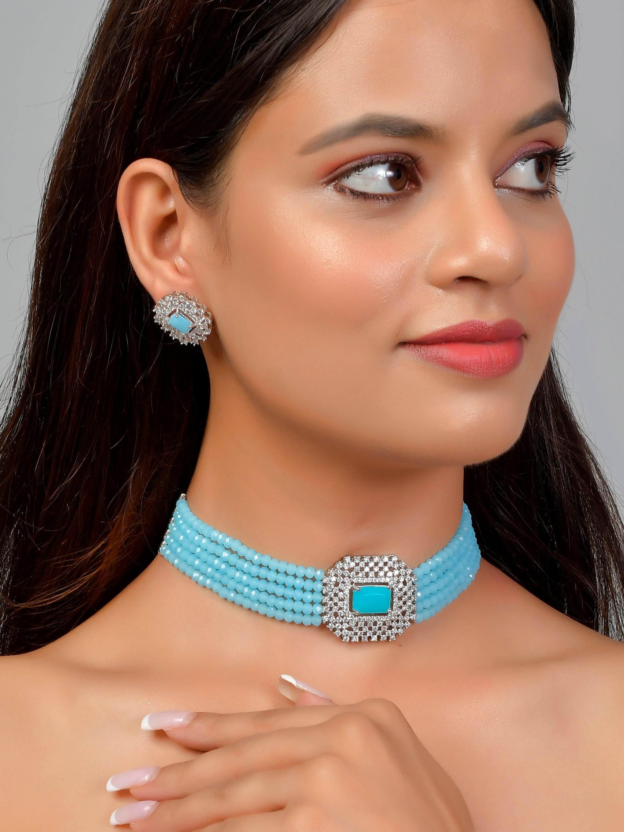 American Diamond Layered Blue Choker Jewellery Set