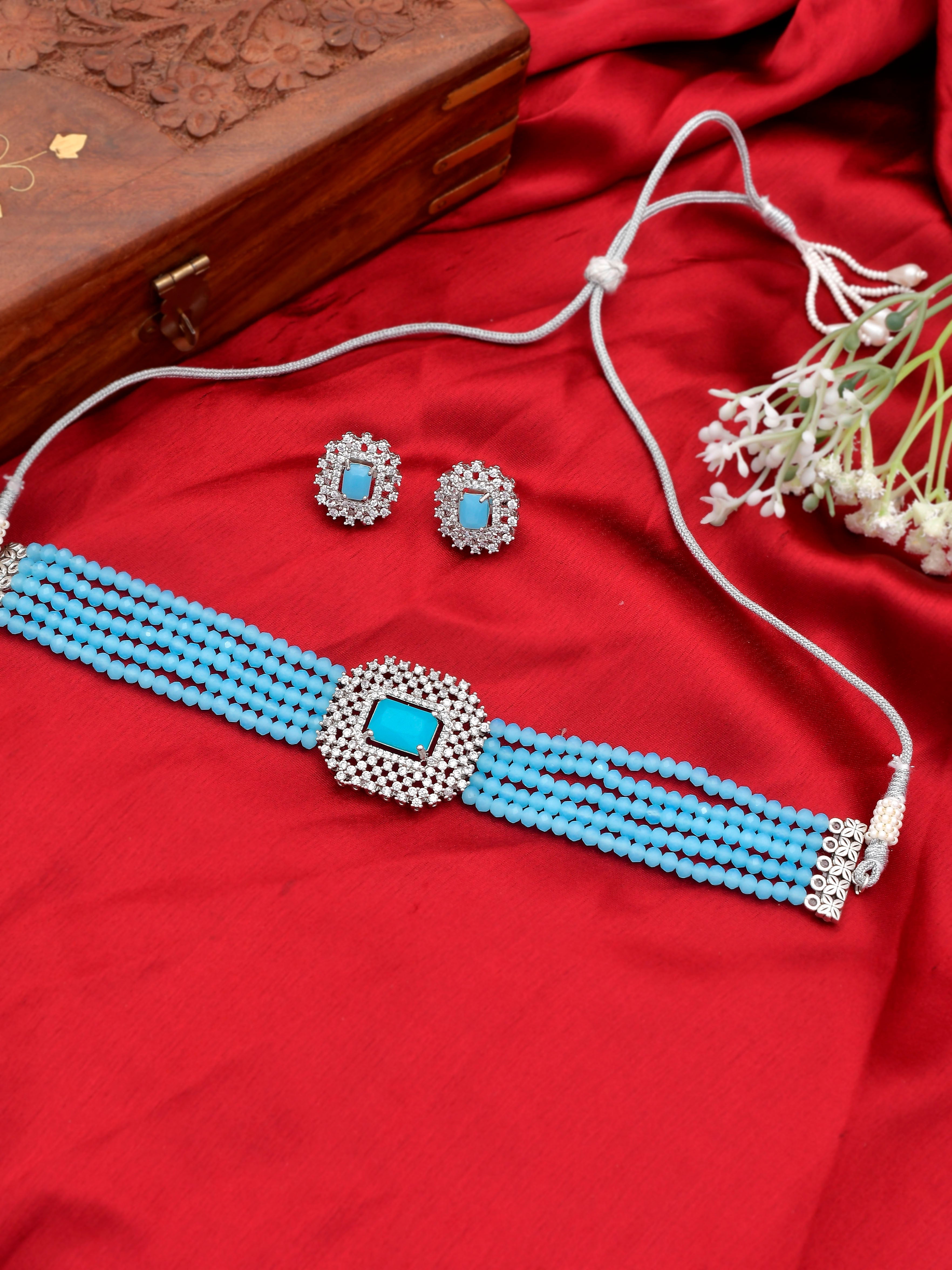 American Diamond Layered Blue Choker Jewellery Set
