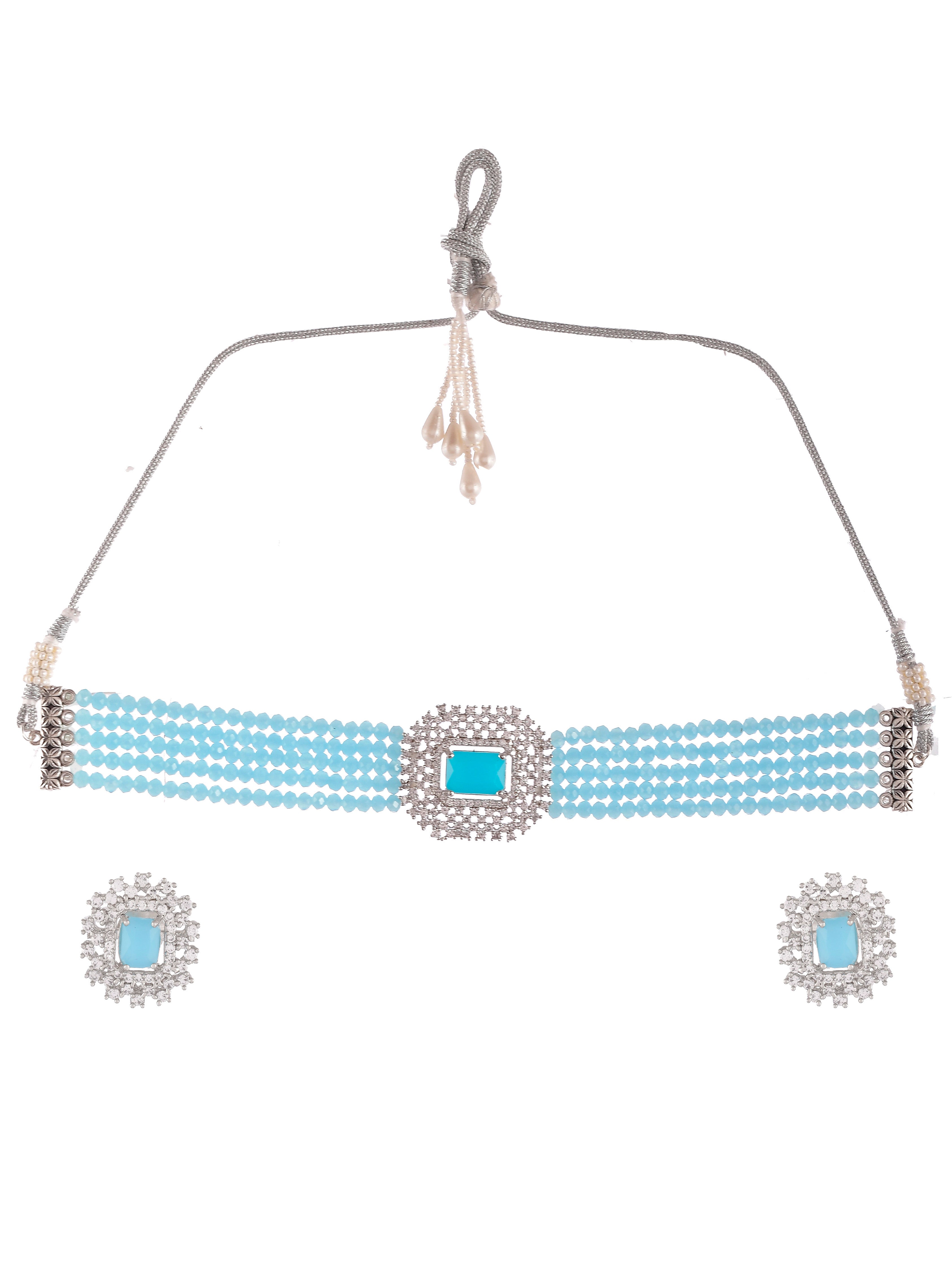 American Diamond Layered Blue Choker Jewellery Set