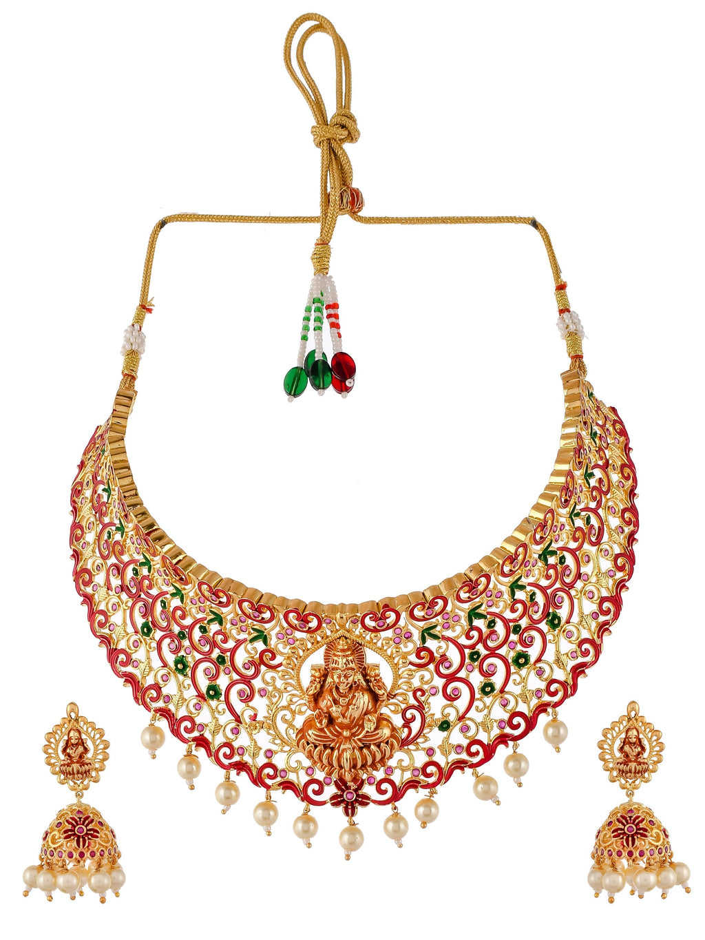 Gold Plated Red & Green Stone Studded Laxmi Jewelry Set For Women