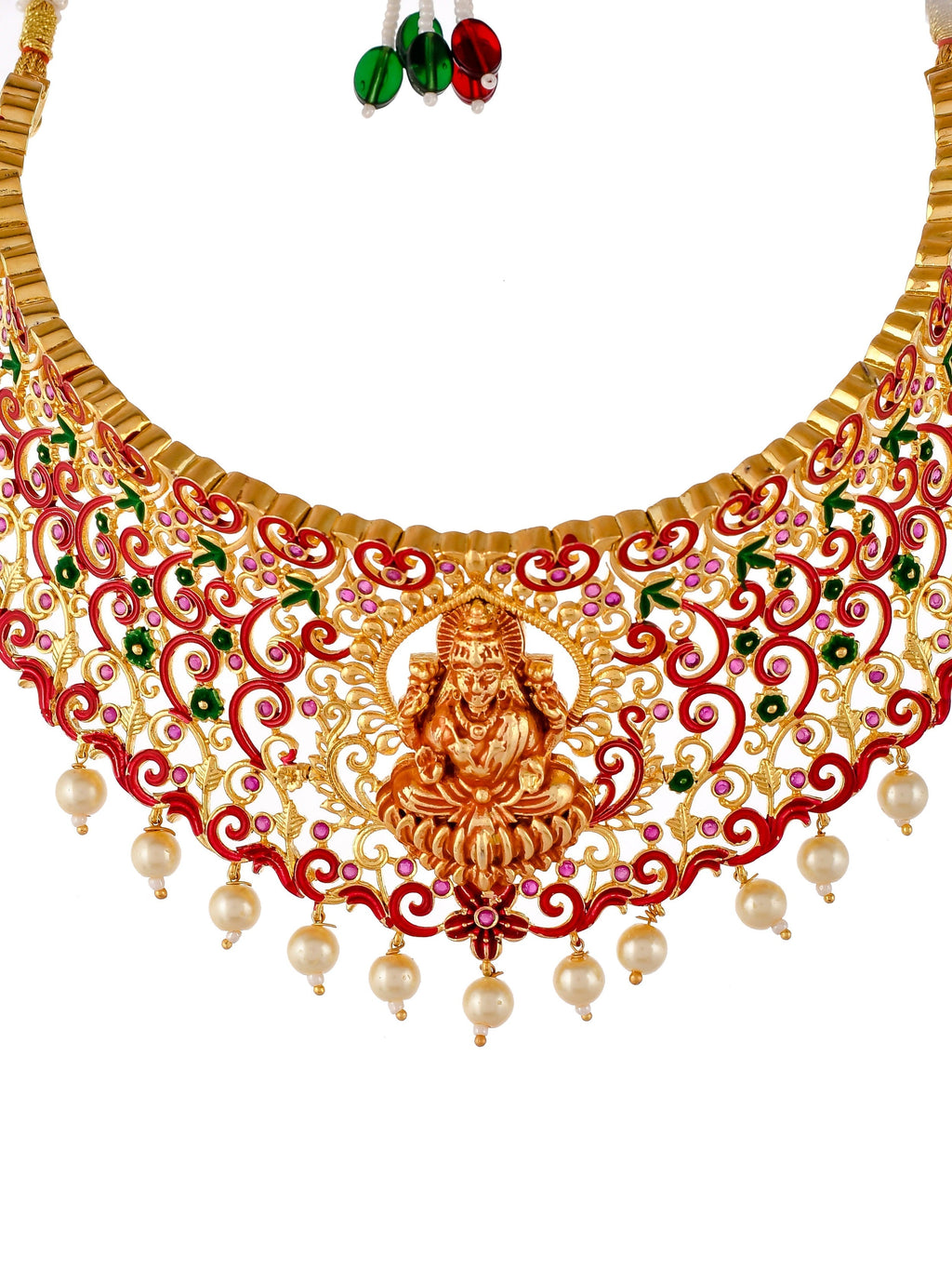 Gold Plated Red & Green Stone Studded Laxmi Jewelry Set For Women