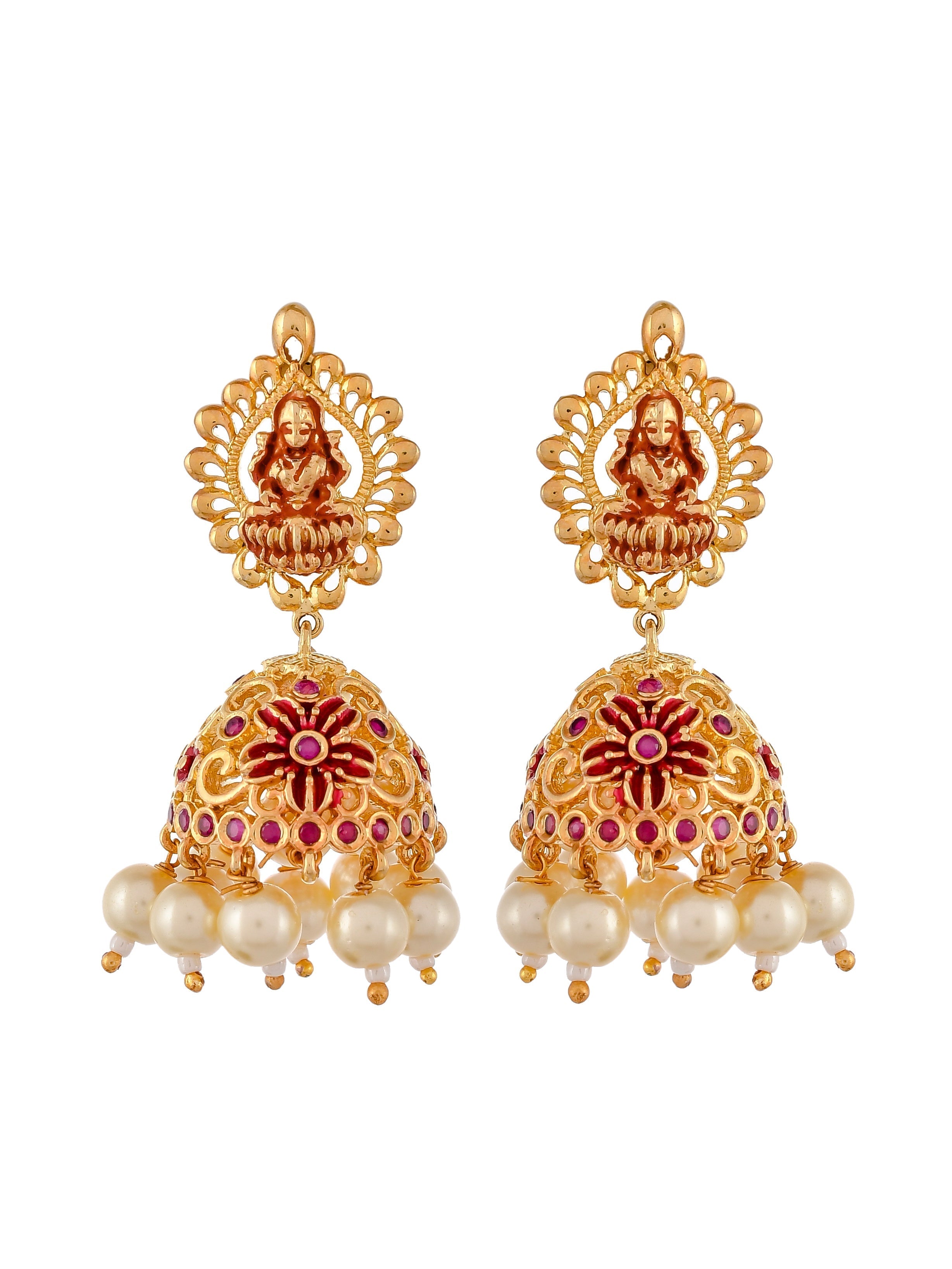 Gold Plated Red & Green Stone Studded Laxmi Jewelry Set For Women