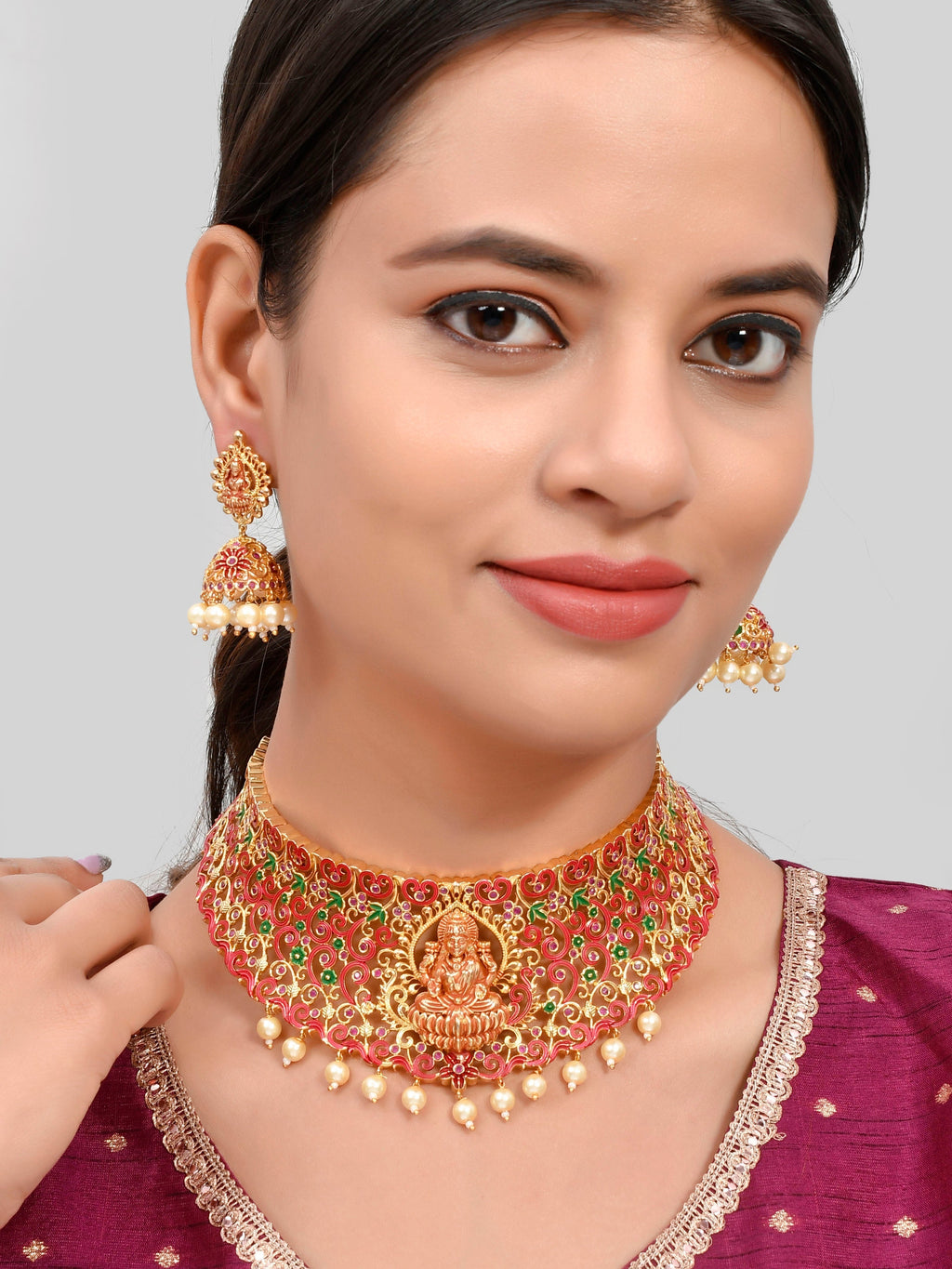 Gold Plated Red & Green Stone Studded Laxmi Jewelry Set For Women