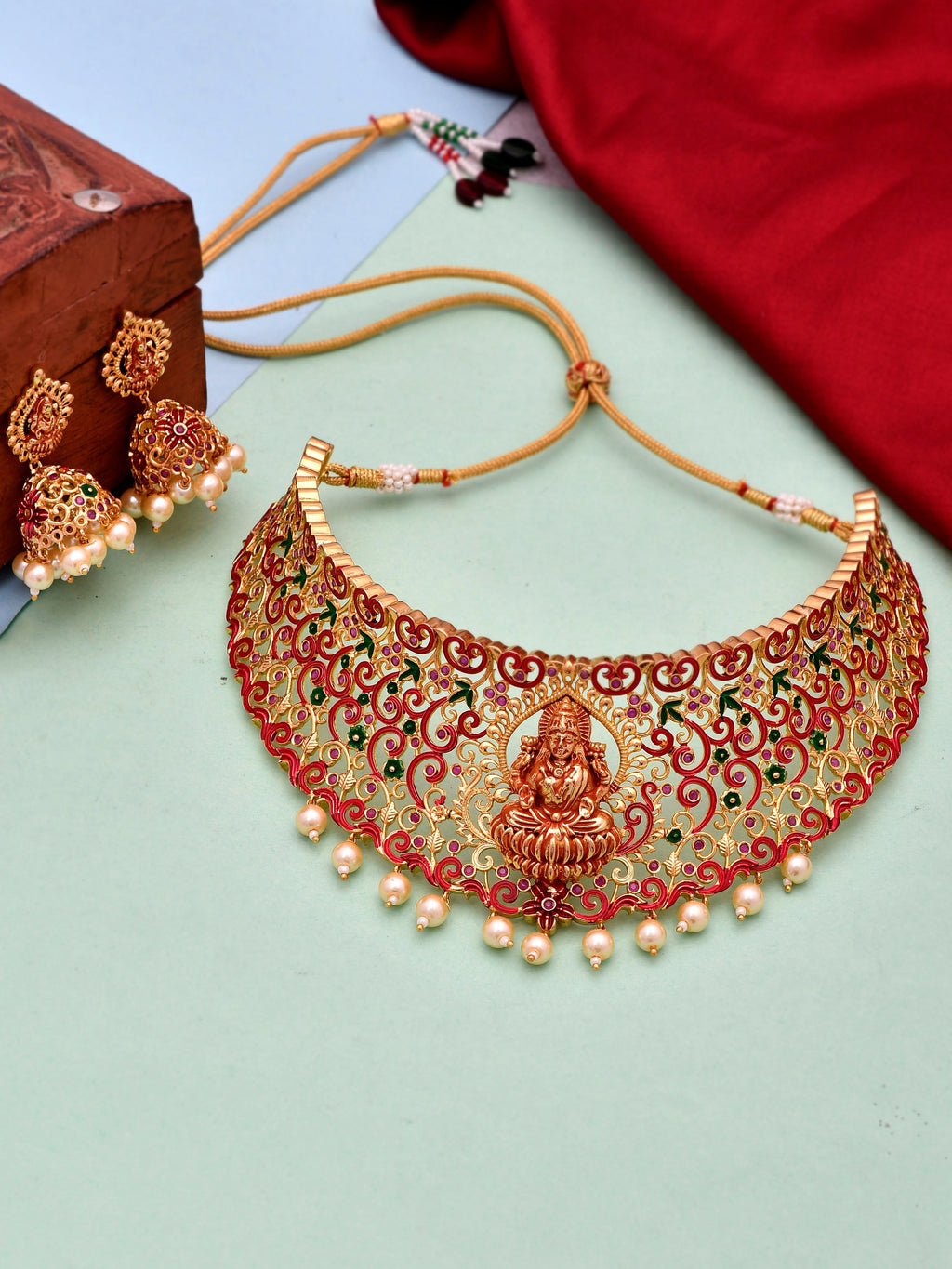 Gold Plated Red & Green Stone Studded Laxmi Jewelry Set For Women