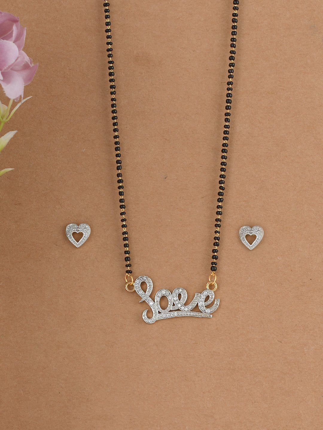 American Diamond Love Mangalsutra necklace with heart stud earrings